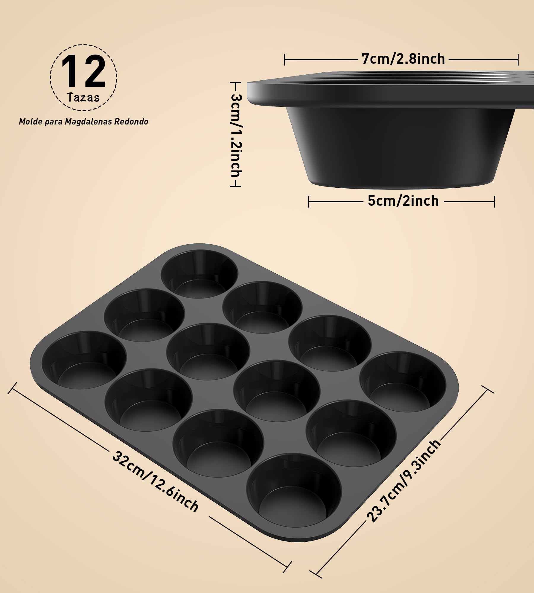 Ankway Molde Magdalenas para 12 Magdalenas, Bandejas para Hornear Muffin con marco de metal para Muffins, Cupcake, Brownie, Pudín, Reutilizables Negro