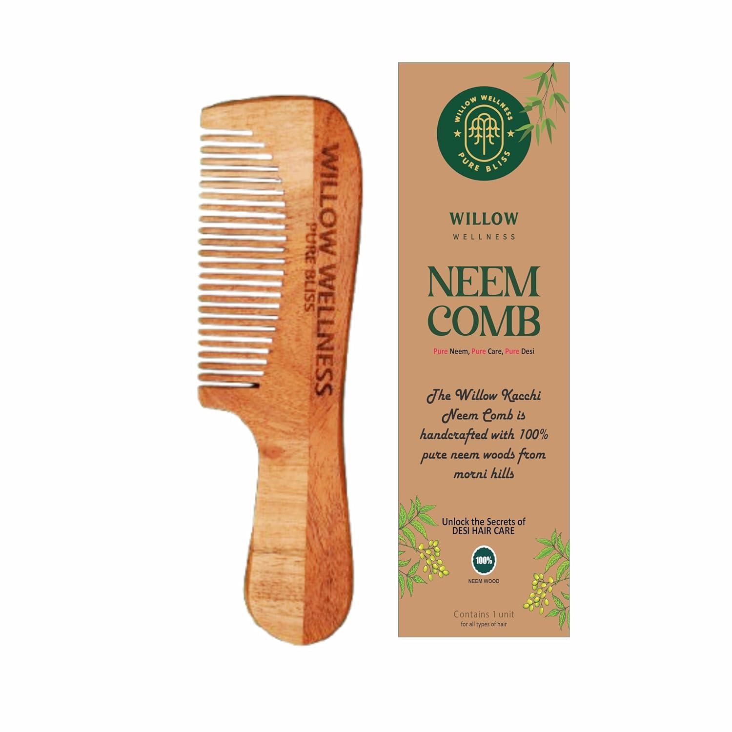 Willow Wellness Wooden Neem Comb Fine Tooth with Handle – Natural Anti-Frizz Detangler for Men Women – Dandruff Control Hair Fall Prevention Healthy Scalp Hair Growth All Hair Types (Pack of 1)