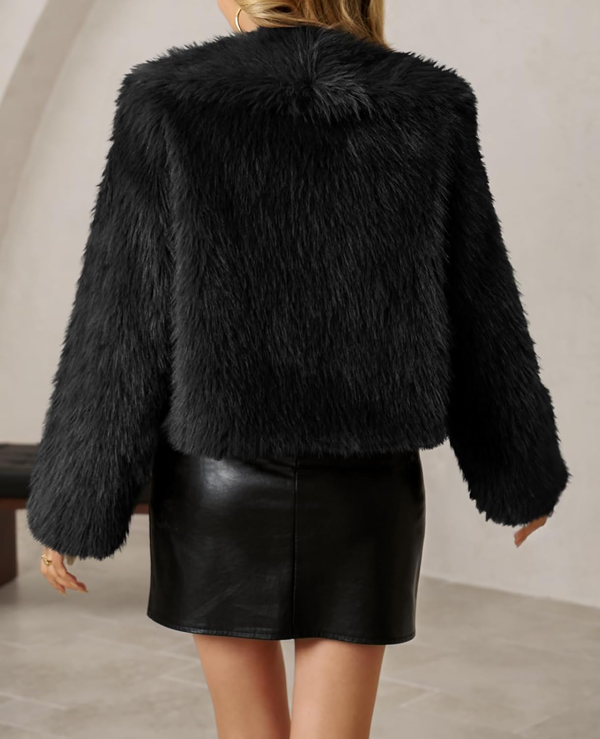 Tankaneo Womens Faux Fur Jacket Cropped Winter Fall Shaggy Coats Long Sleeve Fluffy Short Coat Fuzzy Outerwear - Image 3