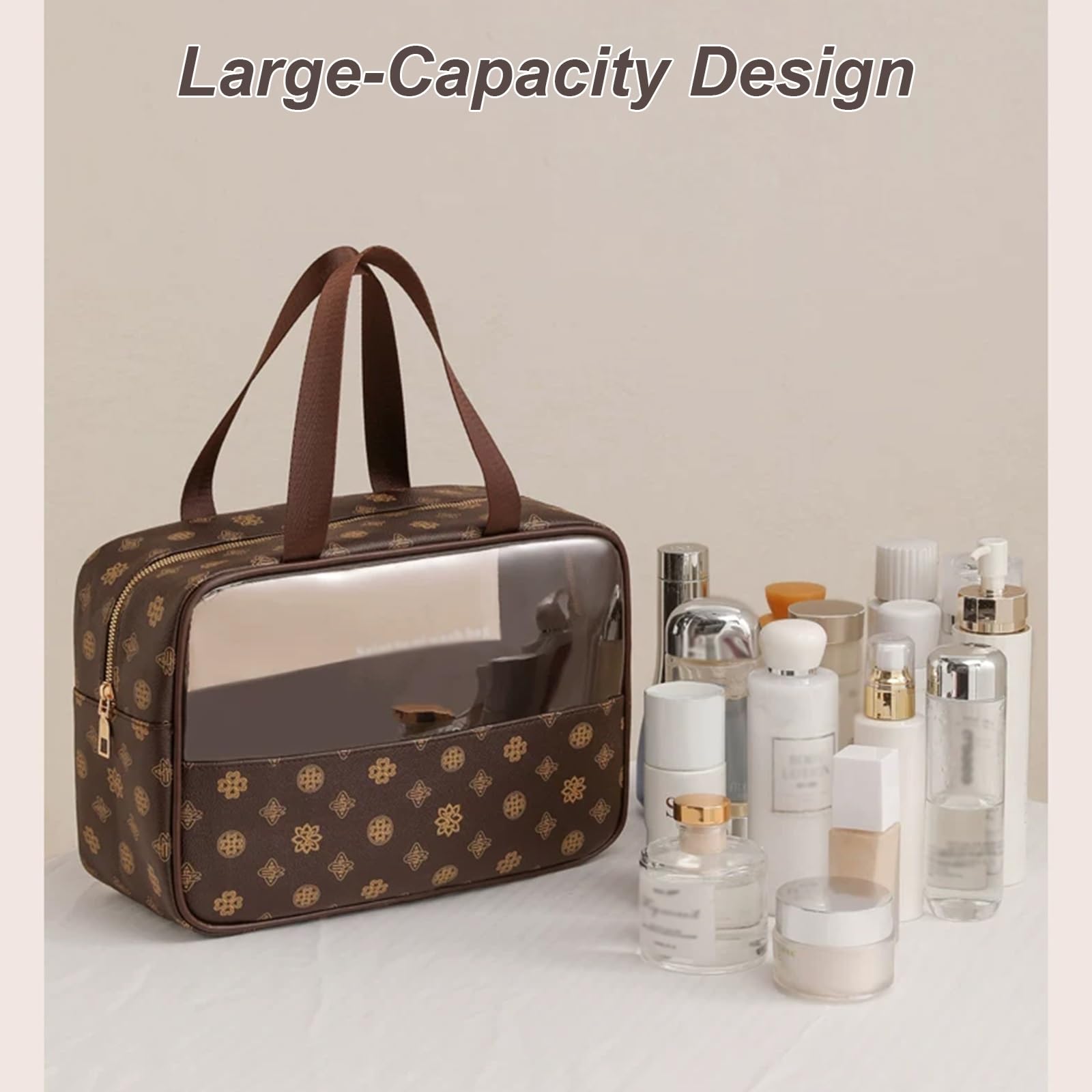Borsa da Bagno da Viaggio, Trousse Portatile con Cerniera, con Tasche Interne, Ampia Apertura, Leggero e Pratico, Impermeabile, Accessorio Viaggio Essenziale per le Donne(Apricot)