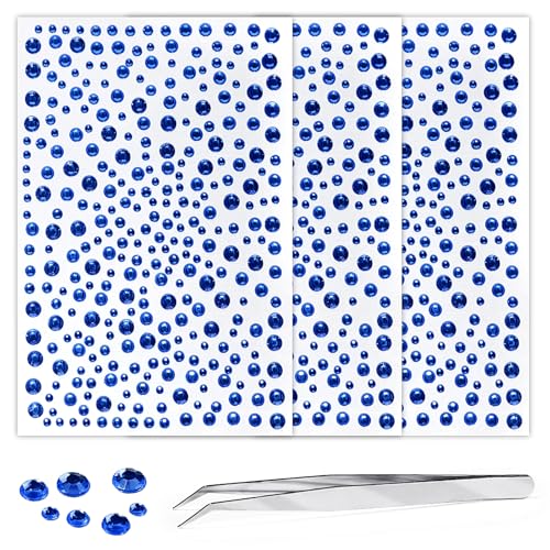 Self Adhesive Face Gems and Pearls for Makeup, Festival Jewels, Hair Gems, Rhinestone Stickers for Face, Eye, Makeup, Nail, Body, Crafts 3/4/5/6 mm 975Pcs (16.gem_darkblue)