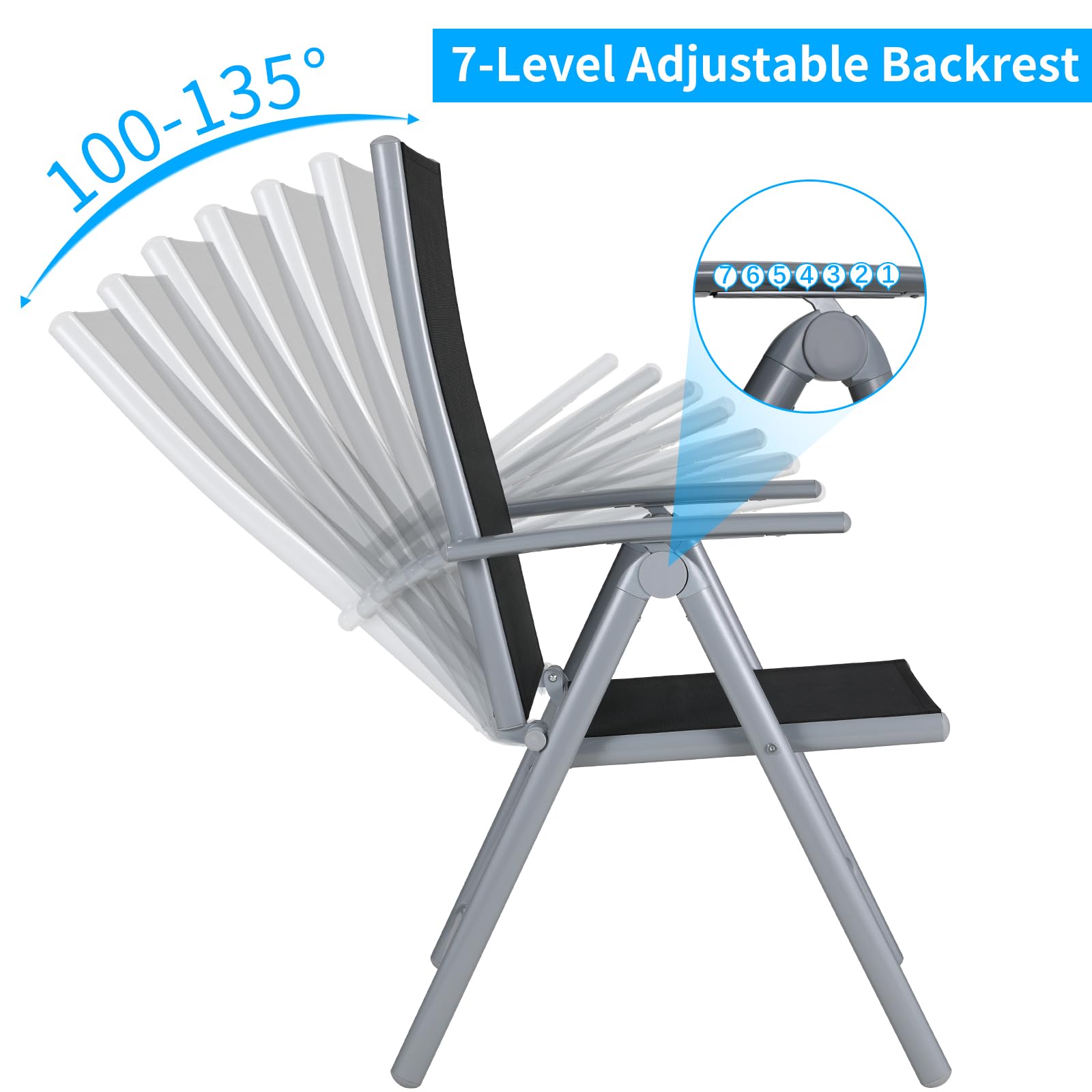 LIFERUN Gartenstuhl Hochlehner Klappbar, 2er Set, Aluminium, mit 7-Fach Verstellbar Rückenlehne, Bis 120 kg, Leicht Alu Gartenstühle Balkonstuhl Esszimmerstuhl Campingstühle fur Outdoor 2pcs