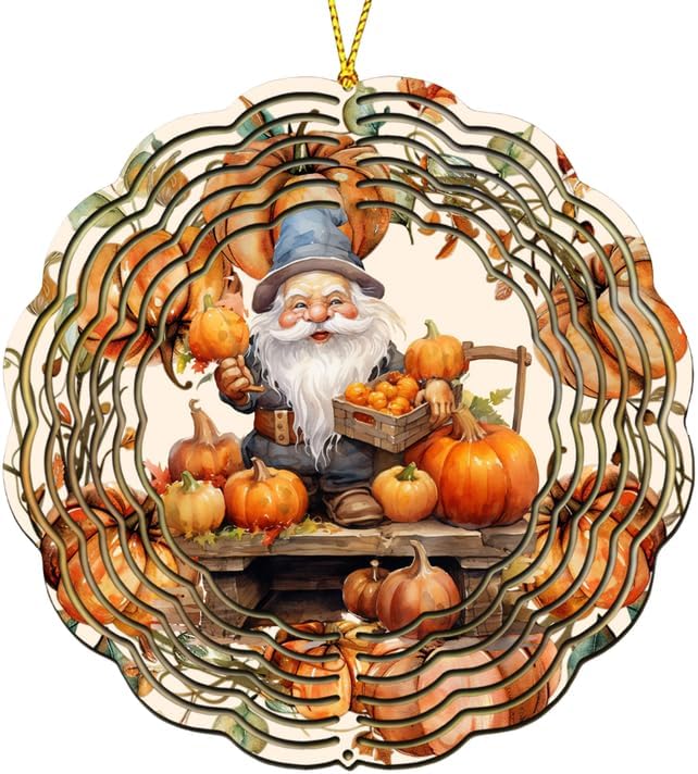 Fall Gnome Wind Spinner, Autumn Thanksgiving Hanging Wind Spinners Outdoor for Garden Decoration, 12 inches 3D Stainless Steel Wind Sculpture