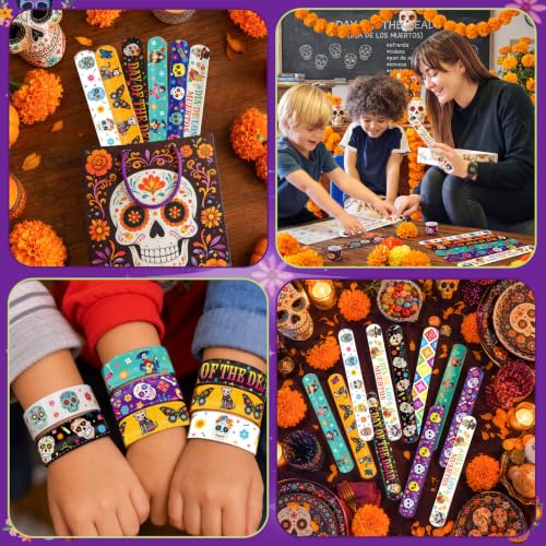 Image of JUNEBRUSHS 56Pcs Day of the Dead Slap Bracelet Party Favors Bulk Set