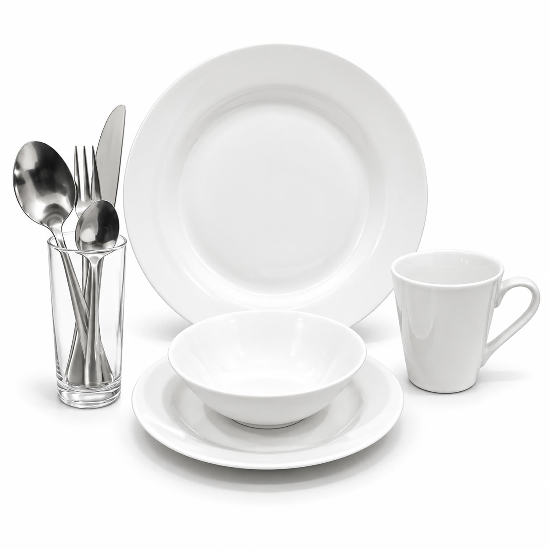 simpa Gather & Grow 9PC White Ceramic Dinner Set for One: Dinner Plate, Side Plate, Bowl, Cup, Glass and Cutlery.