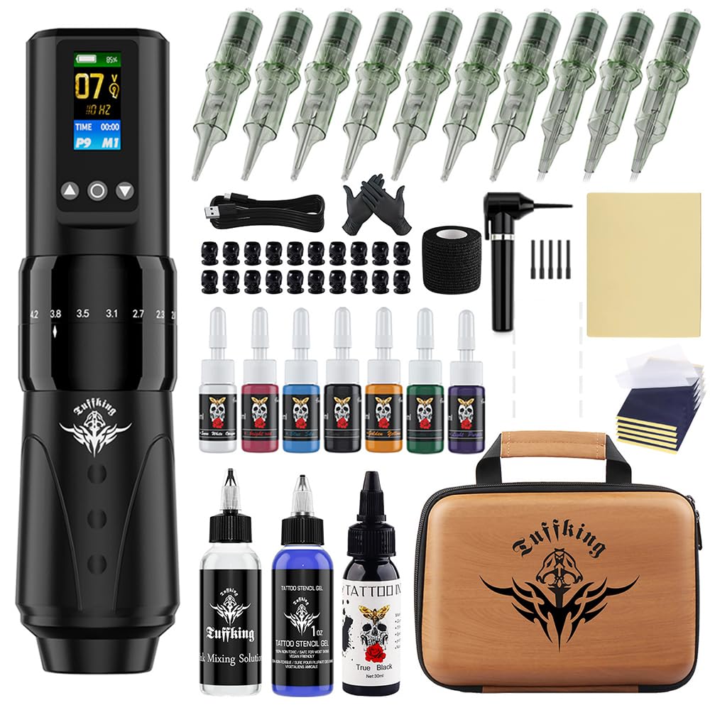 Kit penna rotativa per tatuaggi wireless - Set macchinetta per tatuaggi con corsa regolabile da 2,0-4,2 mm con display a colori TFT, alimentatore 1600 mAh,Nero,A