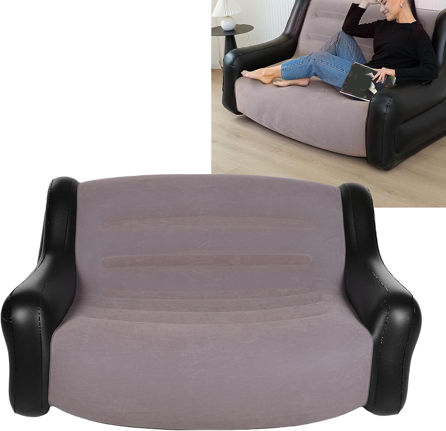 AUNMAS Blow Up Couch, Quick Inflate Deflate Soft Flocked Comfortable Two Seater Inflatable Couch with Armrest for Camping Bedroom