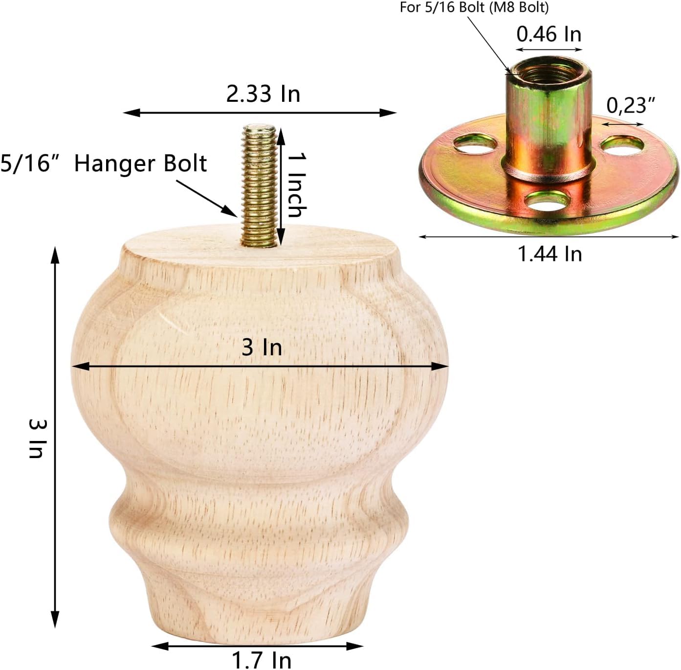 Mysummer Set of 4 Unpainted Solid Hardwood Furniture Legs 3inches with M8 Bolt Predrilled for Furniture Ottoman Couch Cabinet Sofa Legs - Image 3