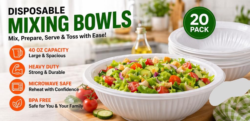 Disposable Plastic Mixing Bowls, 20 Pack, 40 oz Large Heavy Duty Bowls, Microwave Safe, BPA Free, Durable for Mixing, Meal Prep, Salad, Baking & Food Prep (20)