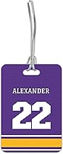 Personalized Purple and Gold Jersey Bag Tag / 2.75" x 4" Custom Sports Luggage tag/Double Sided Durable Plastic with Plastic Strap/Made in The USA