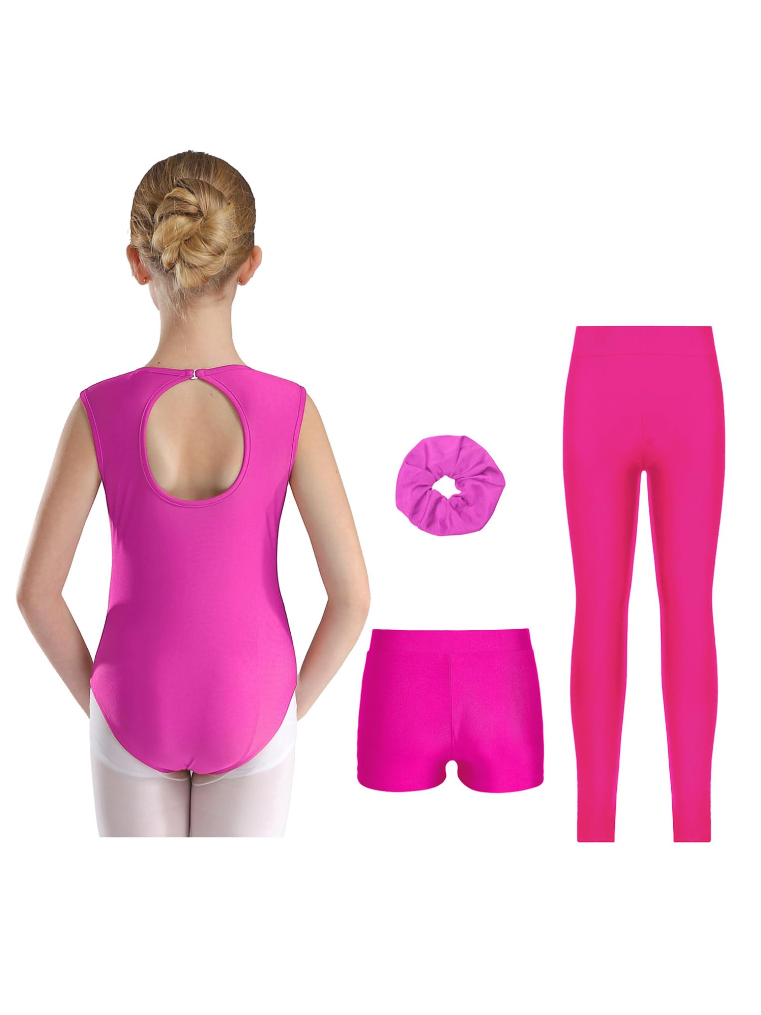 Oyolan Ensemble de Gymnastique 4 Pièces pour Fille Justaucorps Legging Short Chouchou Tenue Danse Gym Patinage Sport Fitness