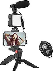Kit de iluminação de vídeo LED, kit de vídeo Vlog da Andoer para telefone com tripé de mesa, suporte de telefone com microfone frio, luz de vídeo LED, obturador remoto para YouTube/transmissão ao vivo/maquiagem