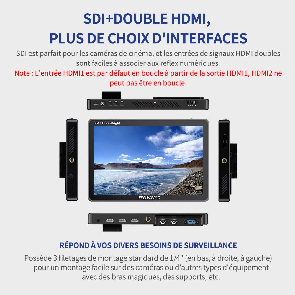 FEELWORLD LUT11S 10.1 inch Camera Field Monitor Touch Screen 3D LUT 2000nit Ultra Bright 1920X1200 3G-SDI 4K HDMI Input Output with F970 External Power Supply