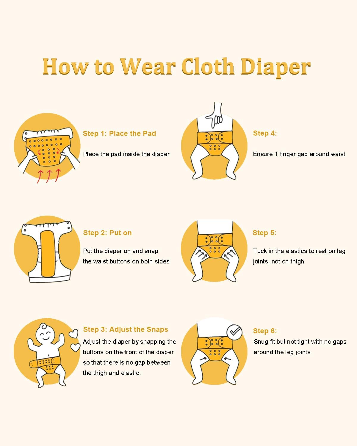 babygoal Reusable Charcoal Cloth Diapers with Double Gussets, 6 Pack Washable Baby Pocket Diapers with 6pcs Charcoal Inserts and Wet Dry Bag(Neutral Color) - Image 8