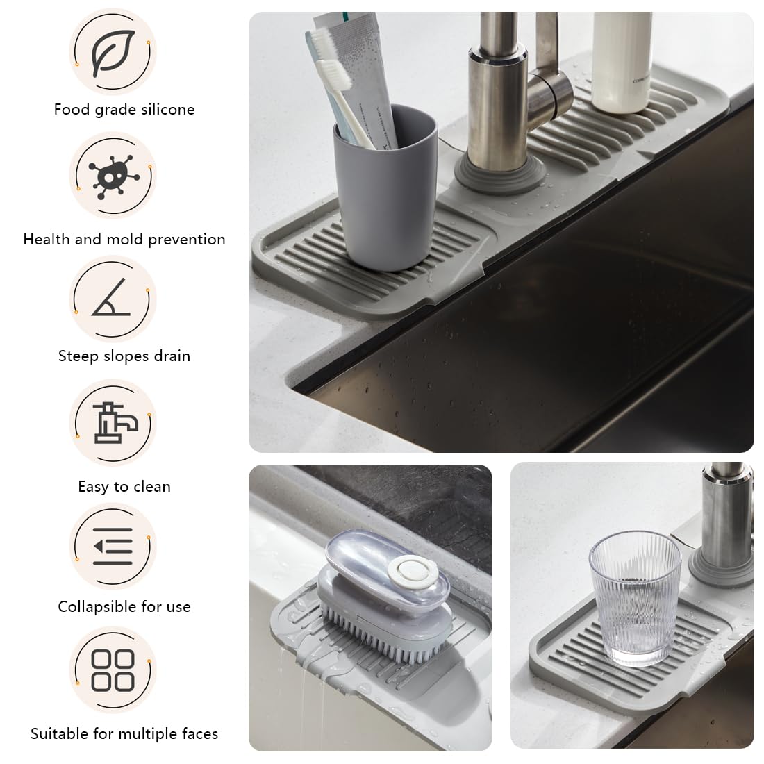 2 Tapis De Robinet En Silicone – Protègent Des éclaboussures, Avec Trou Ajustable, Pour Garder L’évier Et Le Plan De Travail Secs