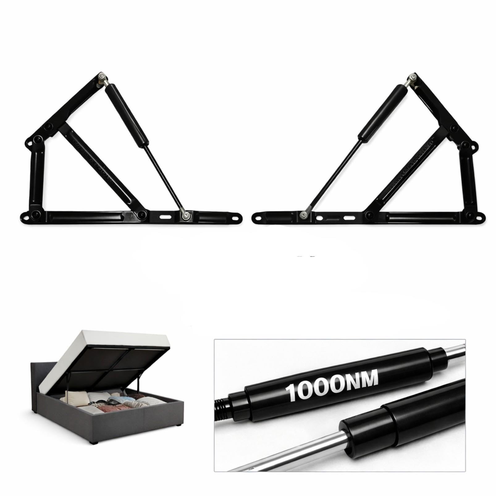 Ottoman Bed Lift Mechanism 1000N Gas Struts Hinge Set Heavy Duty Storage Bed