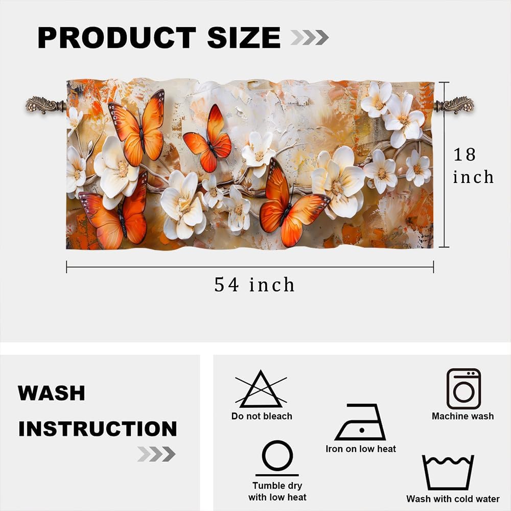 2 Panels Retro Butterfly Floral Valance for Windows, Novelty Animal Rod Pocket Valance Curtains Home Decor Window Treatment for Kitchen/Living Room, 54" X 18"