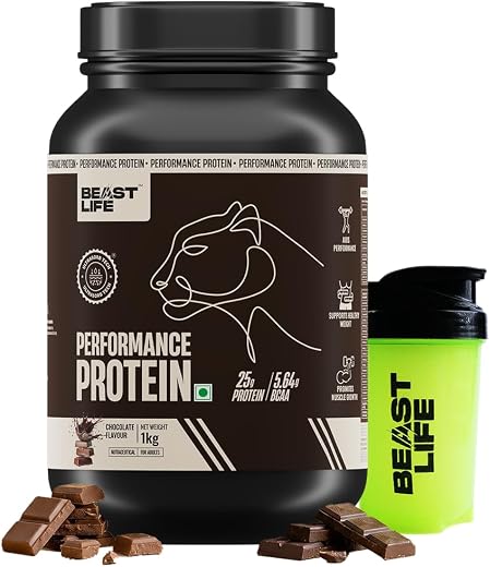 BeastLife Performance Protein Powder | 1 Kg | Chocolate with Free Shaker | High Absorption for Muscle Growth |Smooth &amp; Lig...