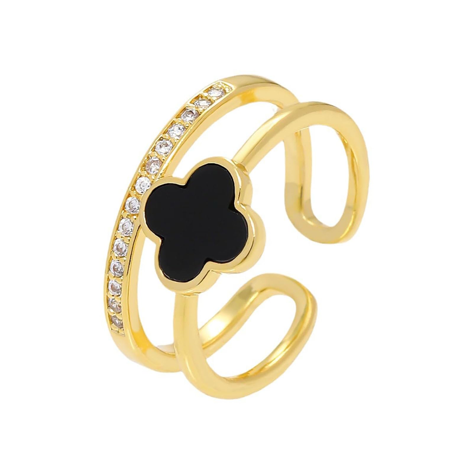 Women\'s Pastoral Style Clover Ring with Zirconia Inlay, Copper Material, Daily. Dainty Clover Ring Set in Gold | Altar main image 4