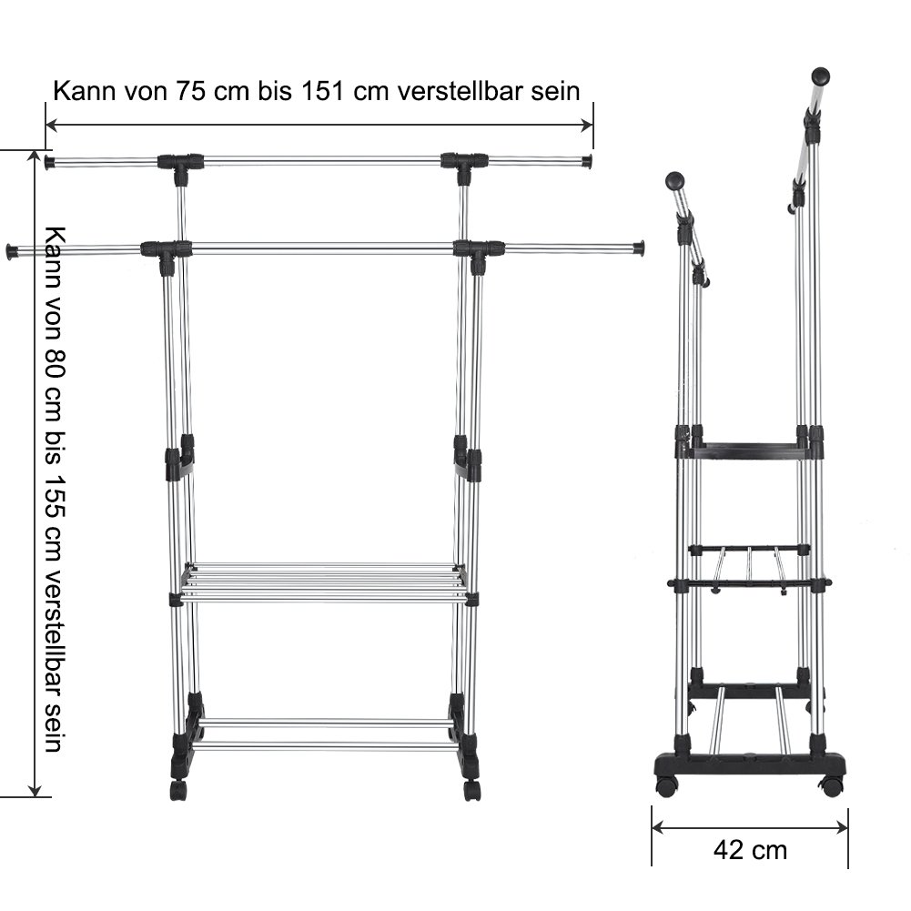 Estink metalowy wieszak na ubrania na k¨®?kach, dr??ek na ubrania, podw¨®jny wieszak na ubrania, regulowana wysoko??, rozsuwany od 75 do 151 cm