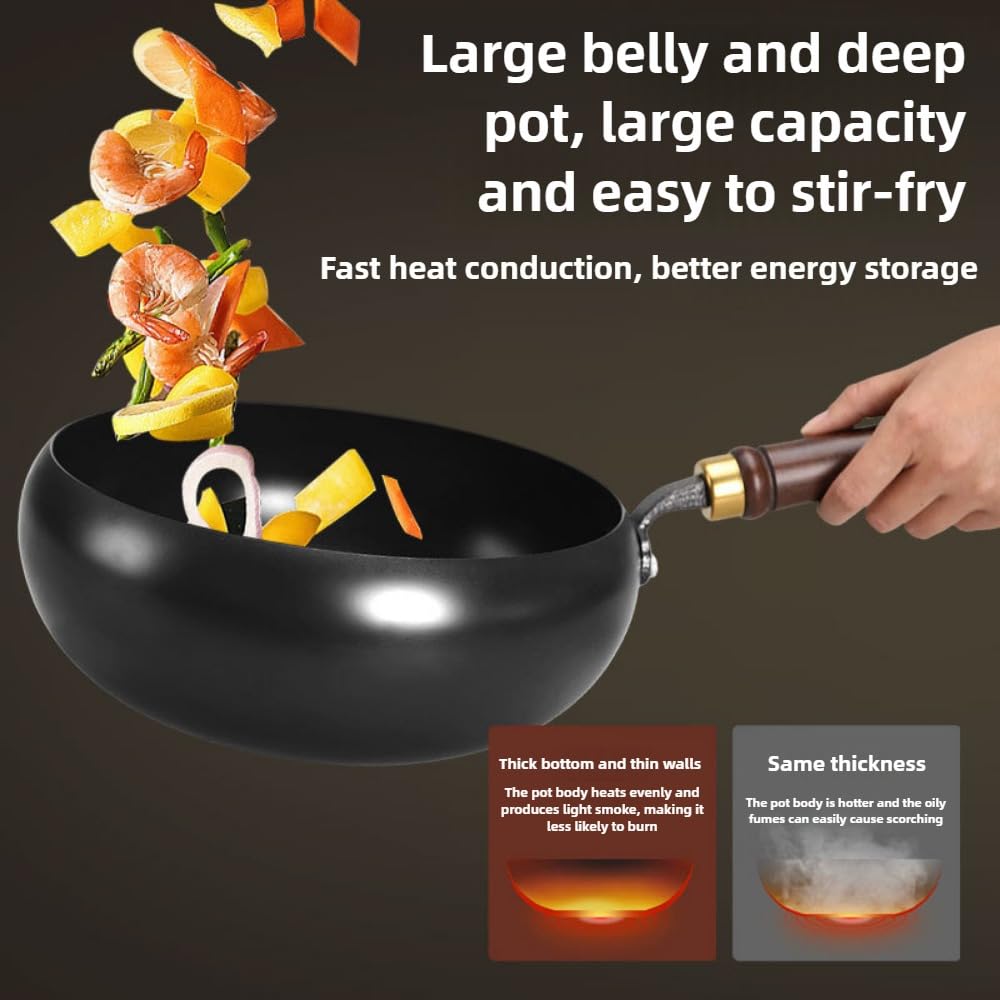 Tradycyjny czarny żeliwny wok z drewnianym uchwytem, garnek do brzucha o głębokości 28 cm, błyszczące wykończenie, zawiera drewnianą pokrywkę, metalową szpatułkę