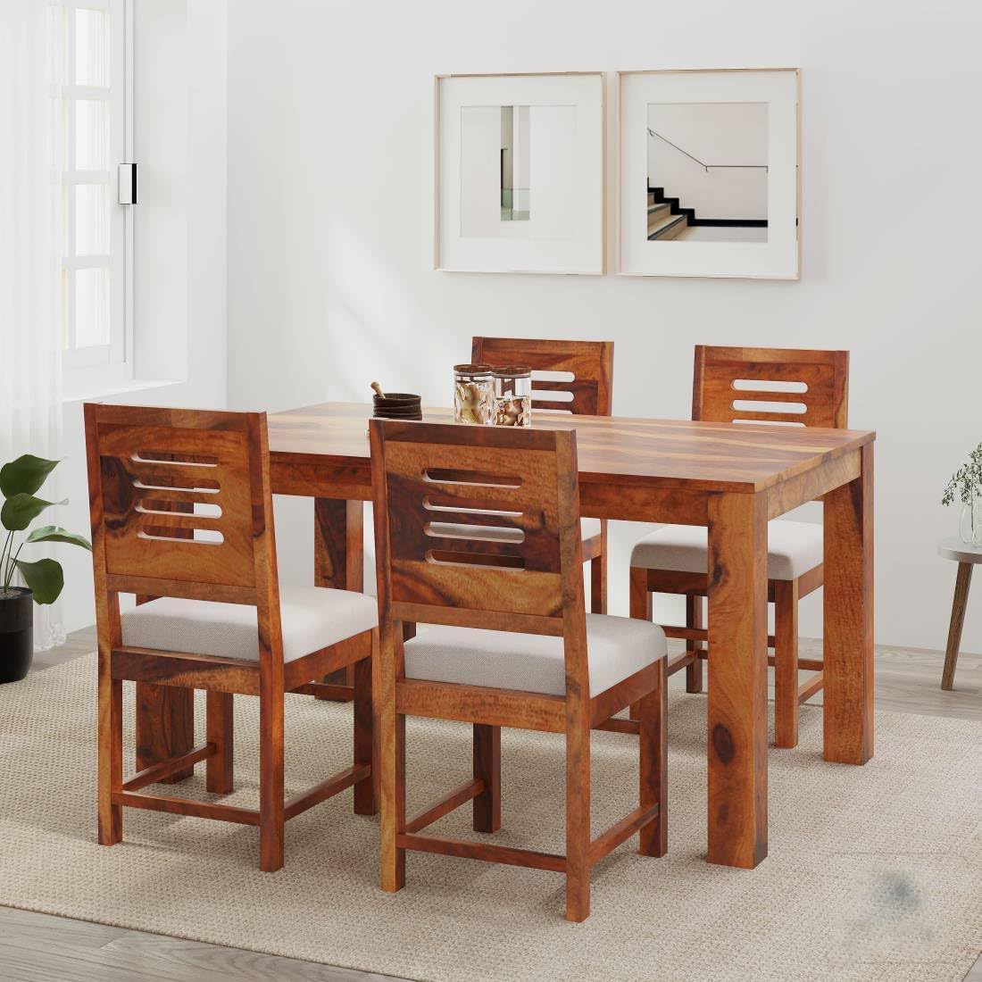 Solid Sheesham Wood Dining Set | Wooden Dining Table Set with Chairs | for Homes, Office, Living Room, Hotels & Restaurant (Honey Finish Gray Cushion, 4 Seater)-image-35