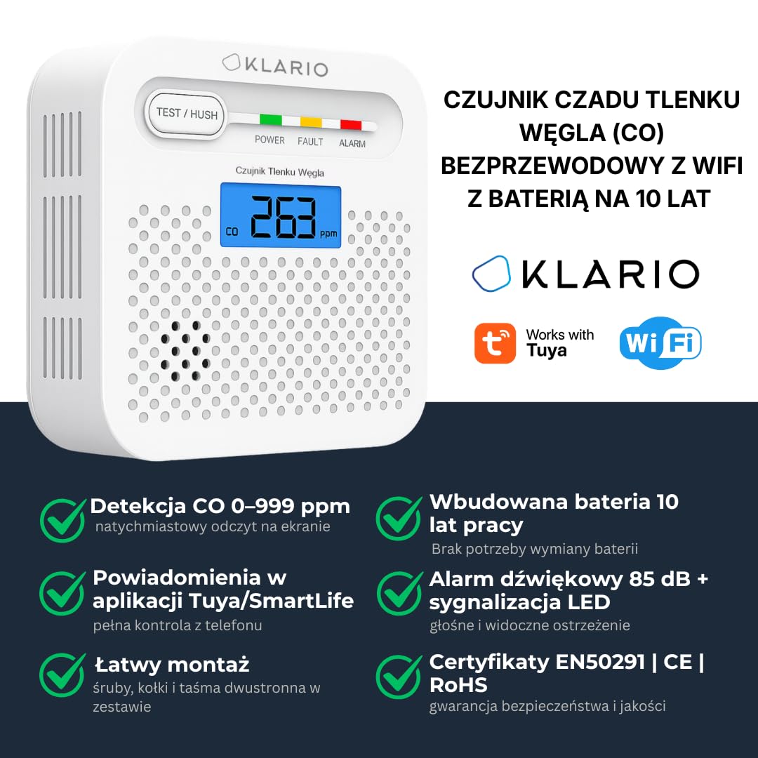 Czujnik Czadu Tlenku Węgla CO WiFi z Aplikacją Tuya SmartLife, Bateria 10 lat, Alarm 85 dB Wyświetlacz LCD Certyfikat EN50291 Bezprzewodowy Detektor CO do domu i mieszkania KLARIO