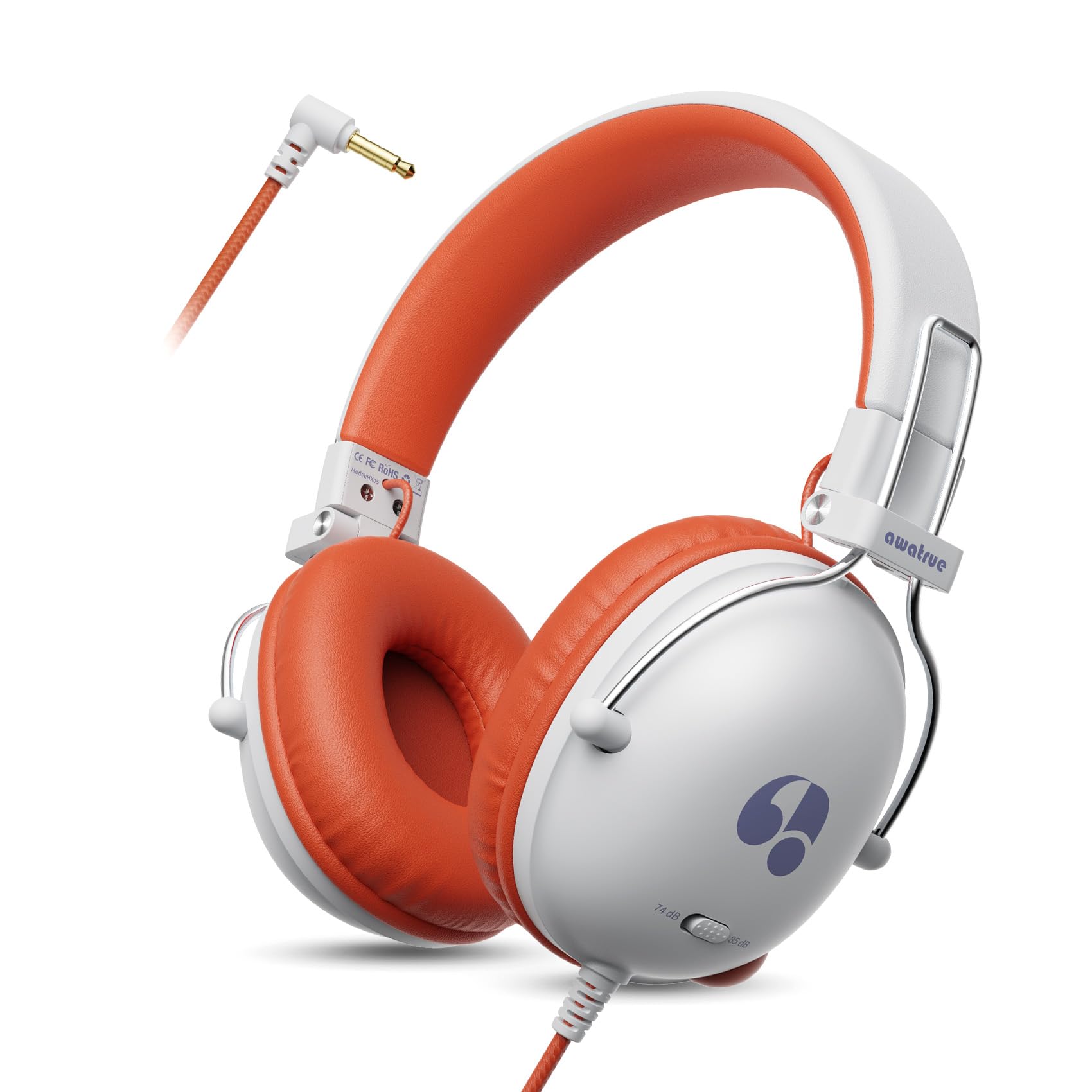 awatrue Casque Audio Enfant, Casque Filaire Enfant, Limite de Volume 74/85dB, Son Stéréo, Son Haute Définition, Fiche Jack 3,5 mm pour IPad/Tablette/PC/Voyage (Blanc Orange)