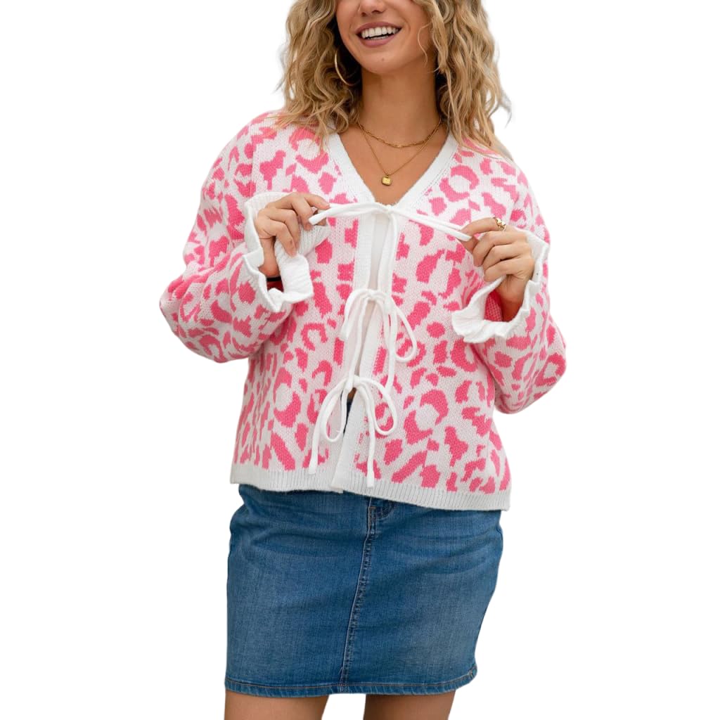 Womens Leopard Tie Front Bow Cardigan Y2K Cute Ruffle Long Puff Sleeve V Neck Knit Sweaters Coat Fall