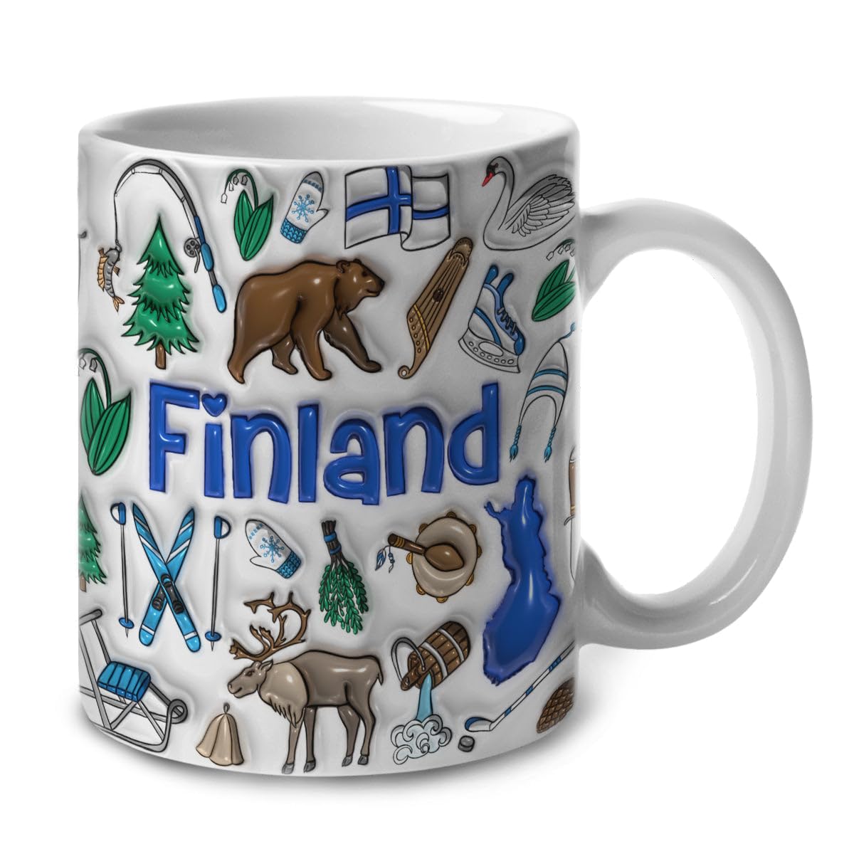 Lotacy Finland Symbols Colorful 2D Printed Coffee Mug With Flag, Finland Ceramic Mug 11oz Coffee Mug, Finish Souvenirs and Gifts