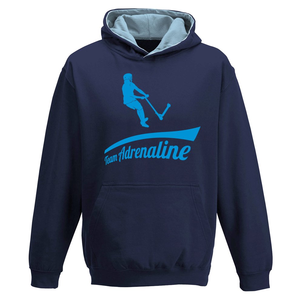 Davesdisco Boys Blue Team Adrenaline, Two-Tone Hoody, Push, Kick, Stunt Scooter, Extreme Sports, Childrens Kids Girls Hoodie, Navy - Sky 9-11