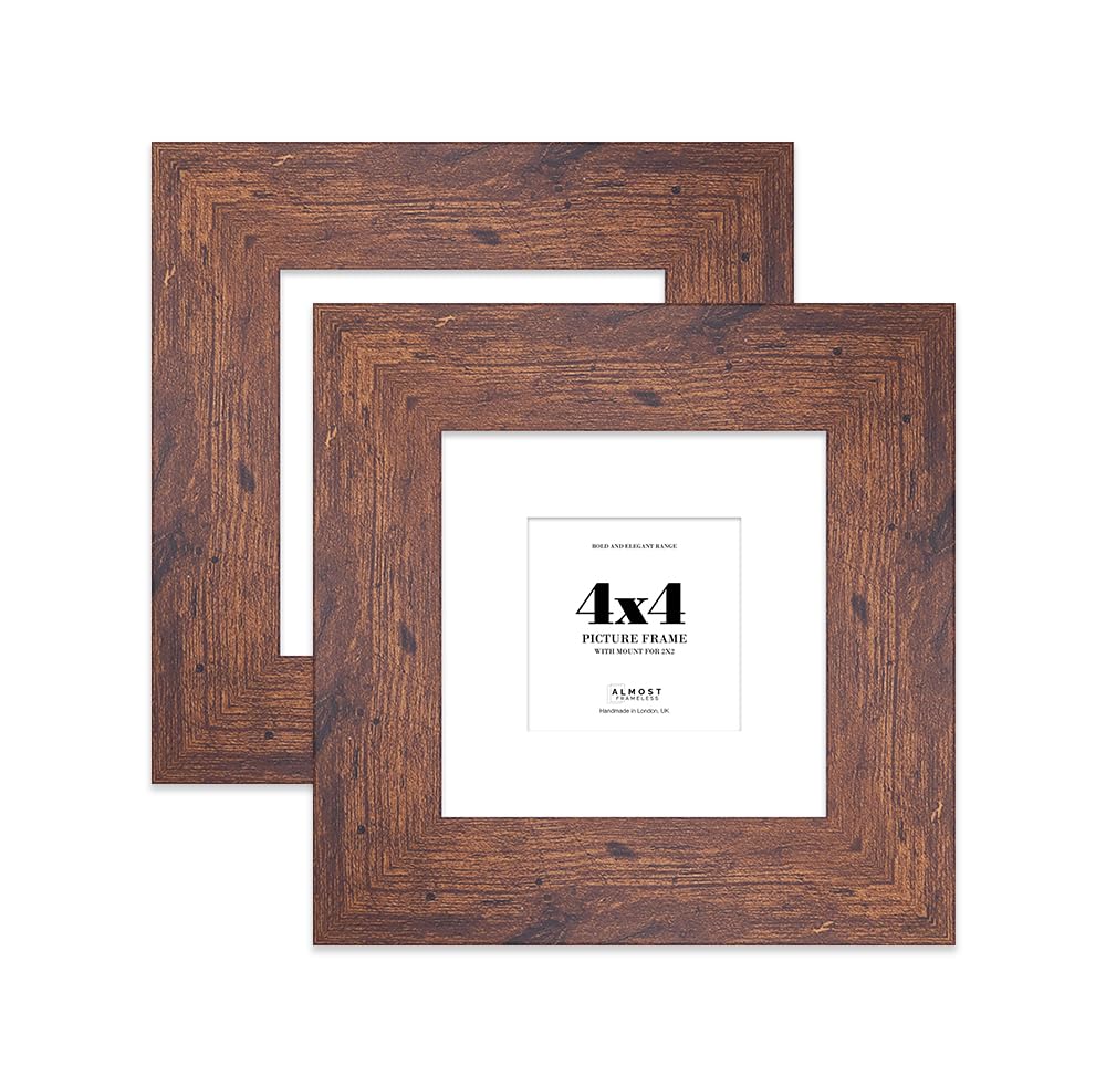 4x4" Rustic Wood Square Frame With Mount for 2x2" Pictures 28mm Edge Frame Display with Wall Hooks and Kickstand, 2 Pack
