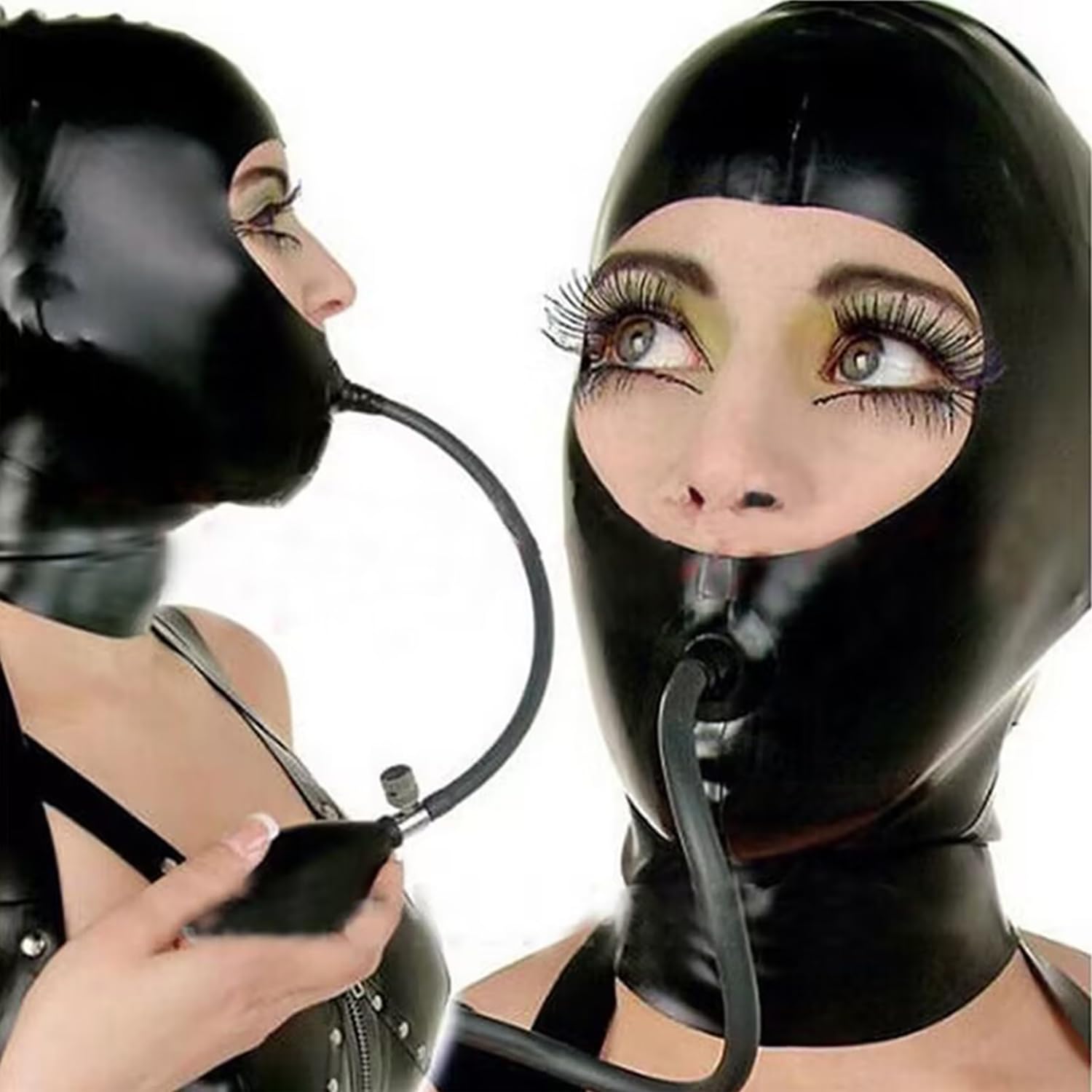 WXLPCGO Latex Hood Rubber Head Mask with Inflatable Mouth Plug Natural latex Handmade for BDSM Party Holiday(Size:M-65CM)