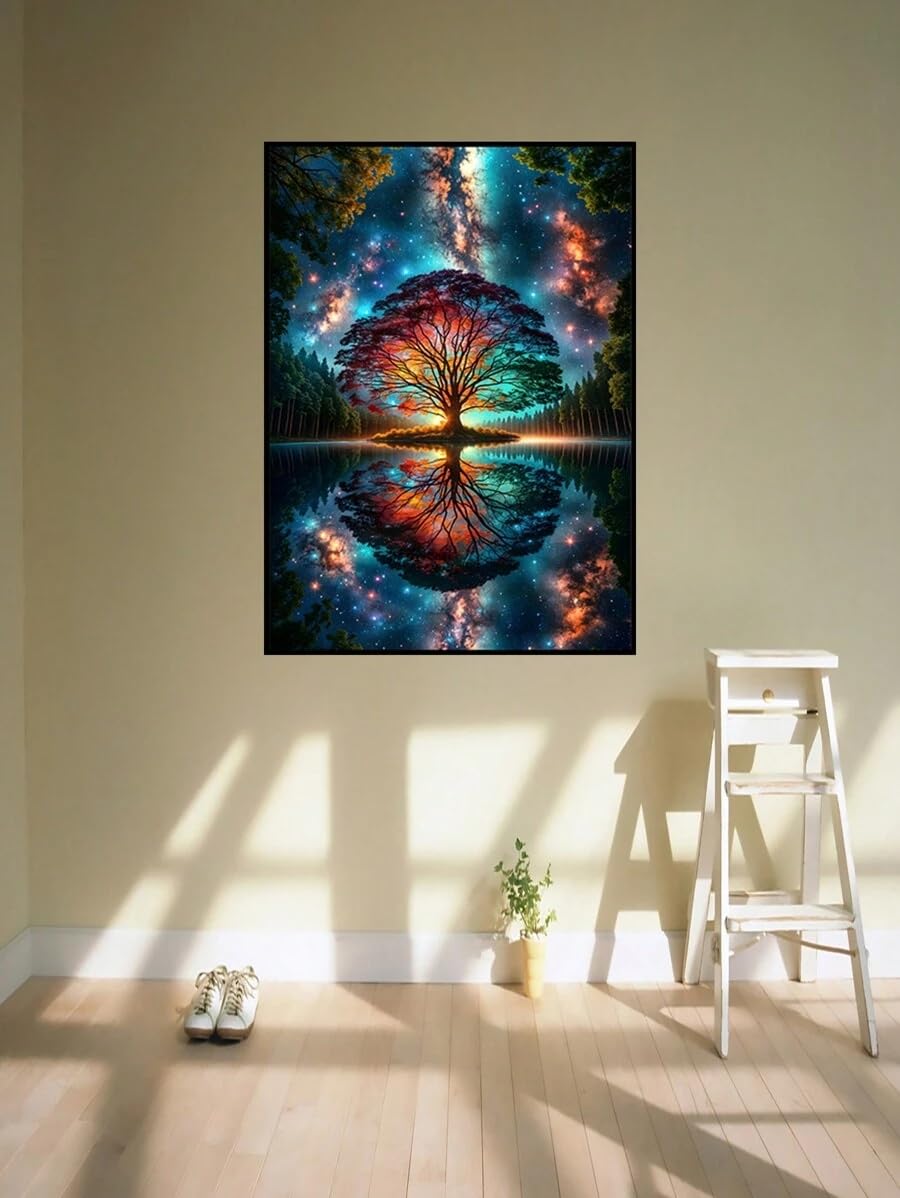 Drzewo Życia, płótno plakat ścienny, kosmiczna galaktyka, odbicie, nadruk do salonu, abstrakcyjna grafika o tematyce natury, portret (40 x 60 cm/rama wewnętrzna)