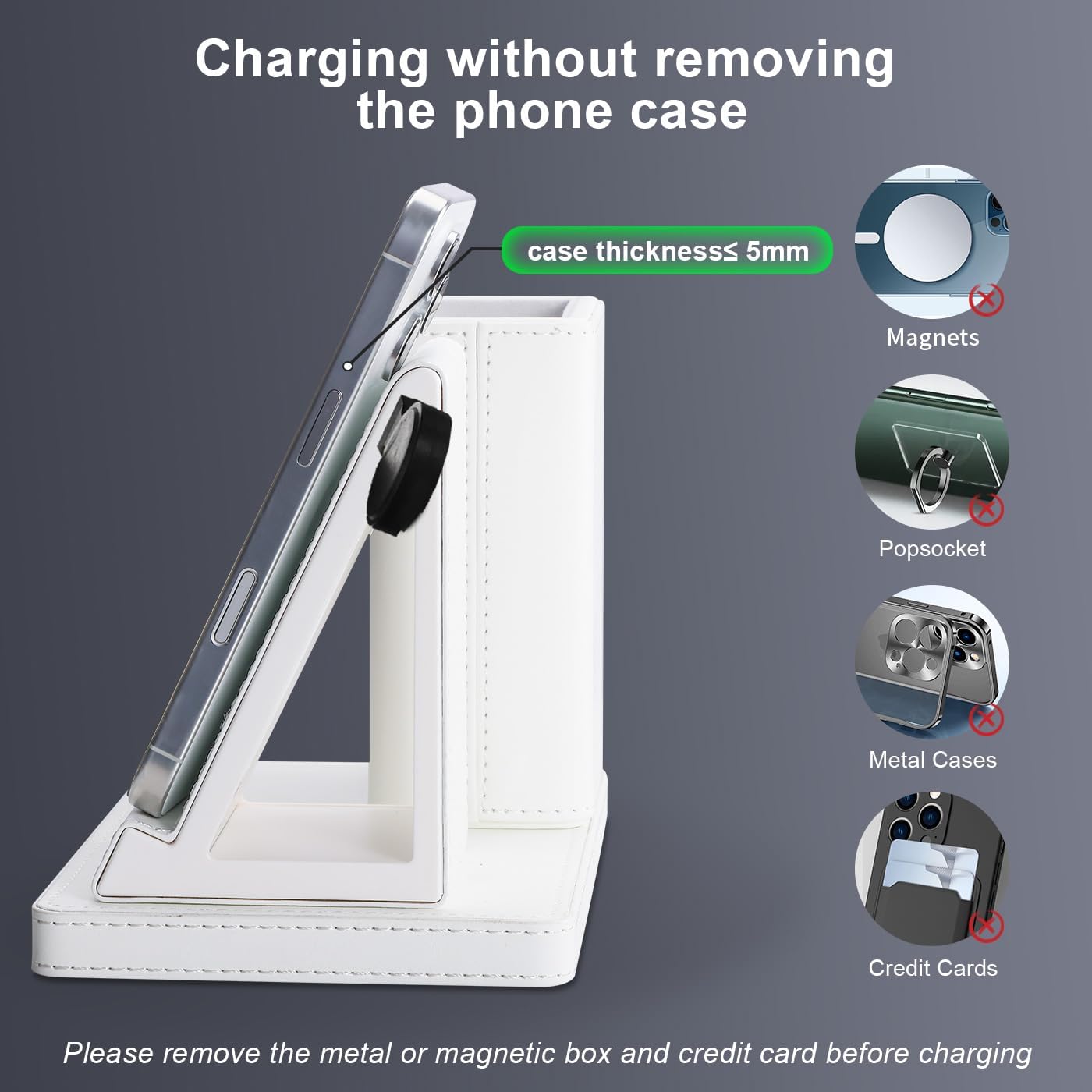 White Leather Pen Holder Desk Organizer with 3-in-1 Wireless Charger for Phone, Earbuds, Watch - Desktop Phone Stand,birthday gifts for women,mom gifts (white)