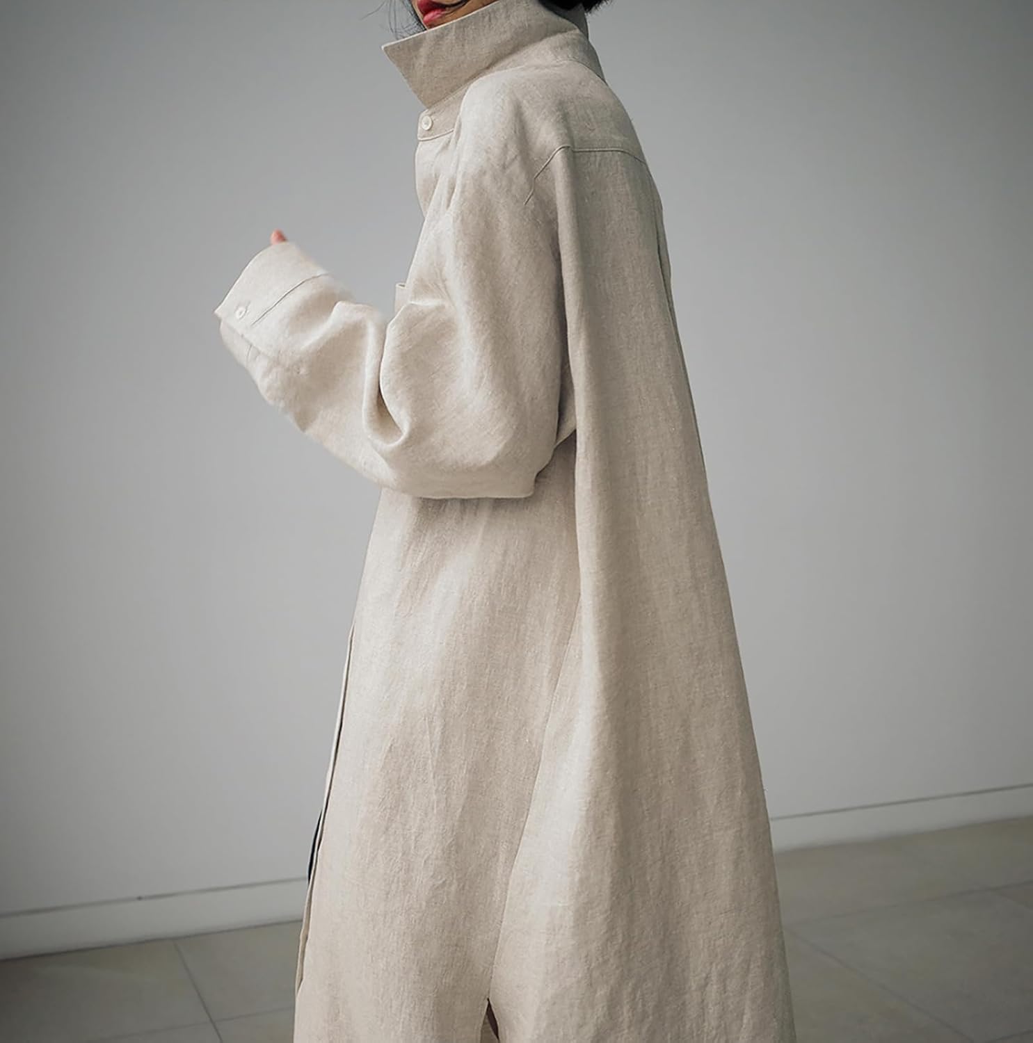 Women's Long Sleeve Side Split Button Down Loose Cotton Maxi Shirt Dress - Image 5