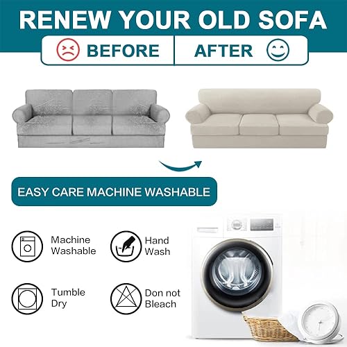 Miniatura 7 de Fundas de sofá de 4 piezas, fundas de sofá con cojín en T para sofá de 3 cojines, funda elástica para sofá con 3 fundas de asiento individuales con