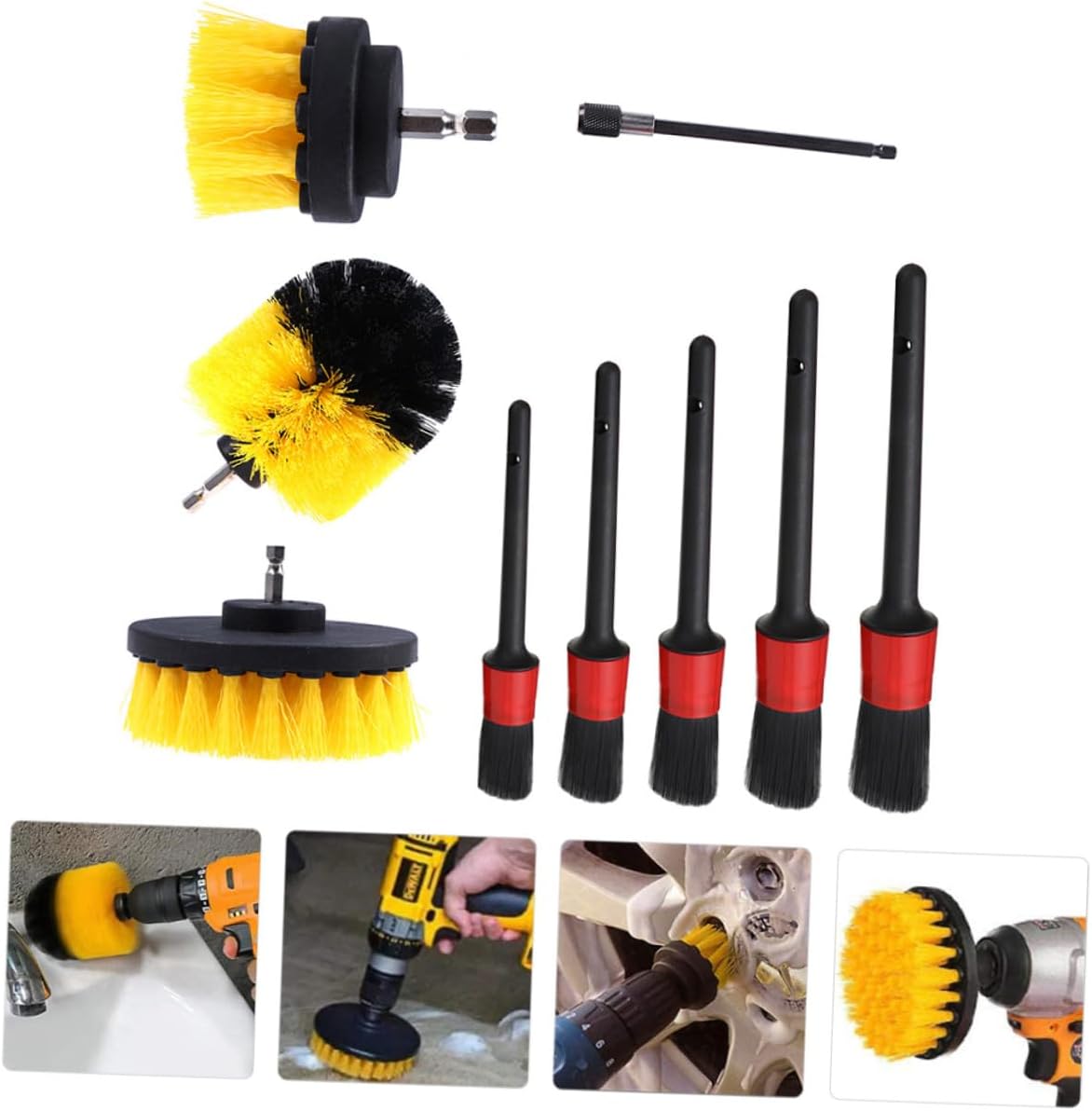 POPETPOP 9pcs Drill Brush Attachment Set Car Cleaning Tools Auto Detailing Scrubber Brushes for Wheels, Interior, Glass, and Floor Surfaces