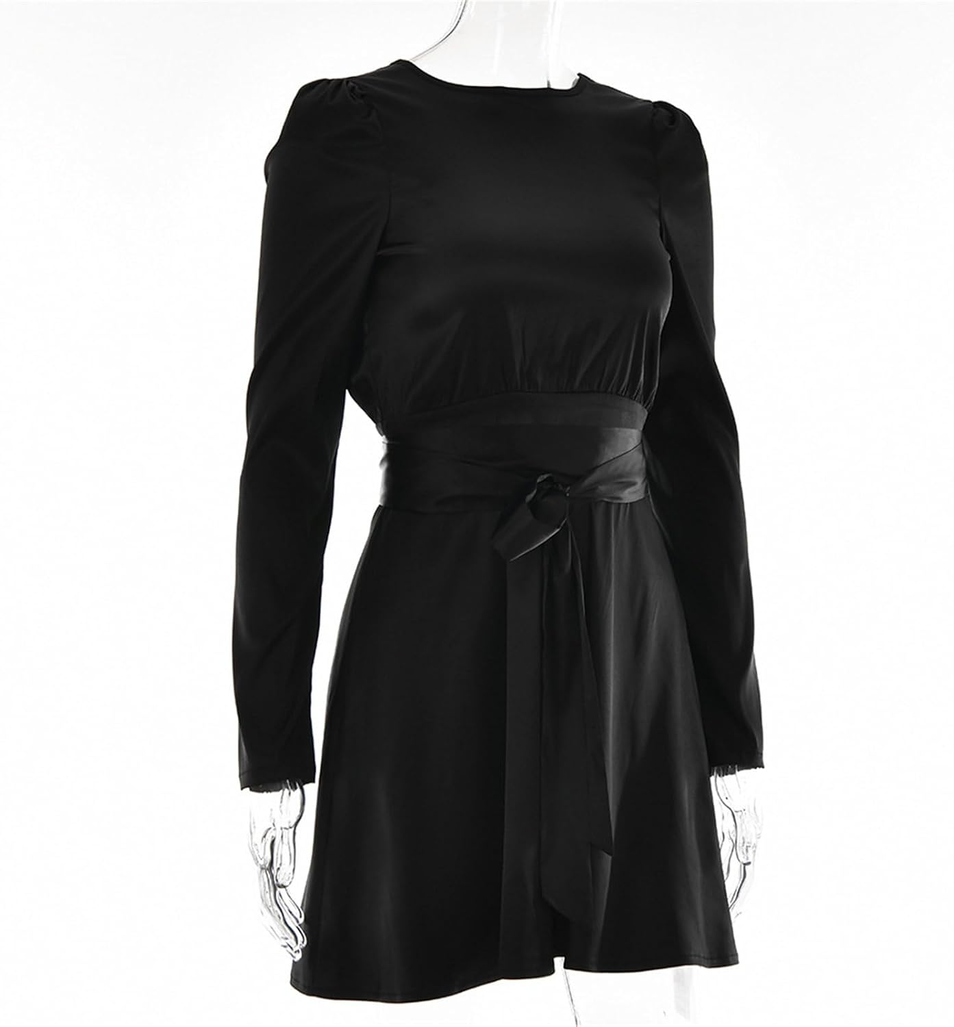 Women's 2024 Spring Satin Dress Long Sleeve Tie Waist Elegant Cocktail Mini Dresses Smocked Wiast Ruffle Swing Dress