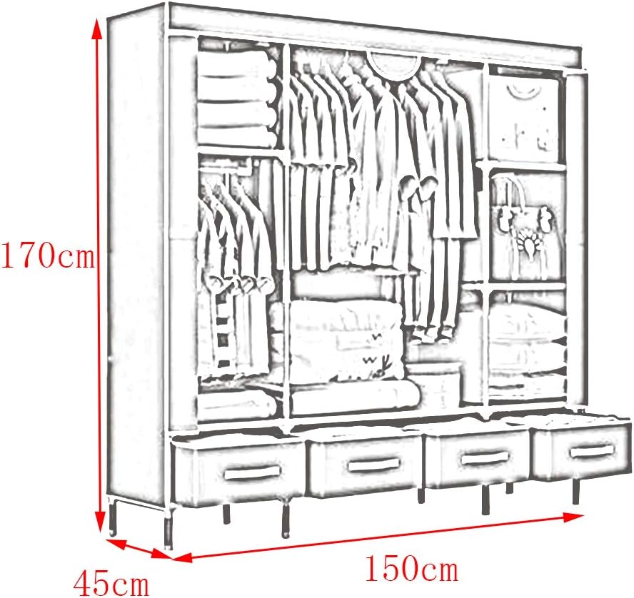 Cloth Wardrobe Clothes Closet, Portable Closet Wardrobe Storage Closet Standing Closet Fabric Cabinet Portable Wardrobe,Gray_150x45x170cm
