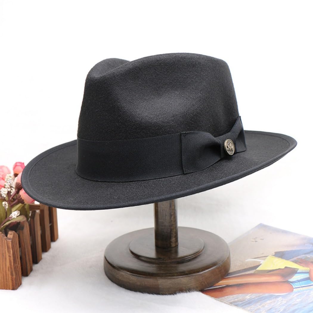 Klasyczna wełniana czapka fedora z paskiem rypsowym, czarna, metalowy emblemat