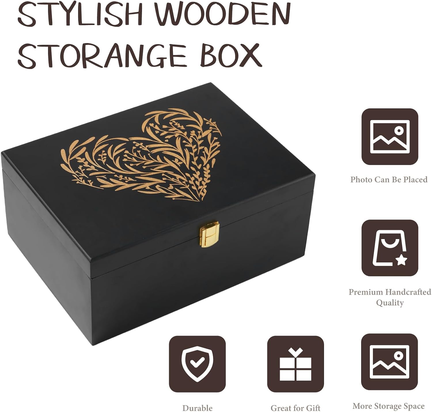 Larger Wooden Memory Keepsake Boxes With Hinged Lids and a photo frame inside the lid - Decorative Storage Box With a Hinge Lids For Picture Letter Time Capsule - 5.3“*8.6”*11.7“ Black