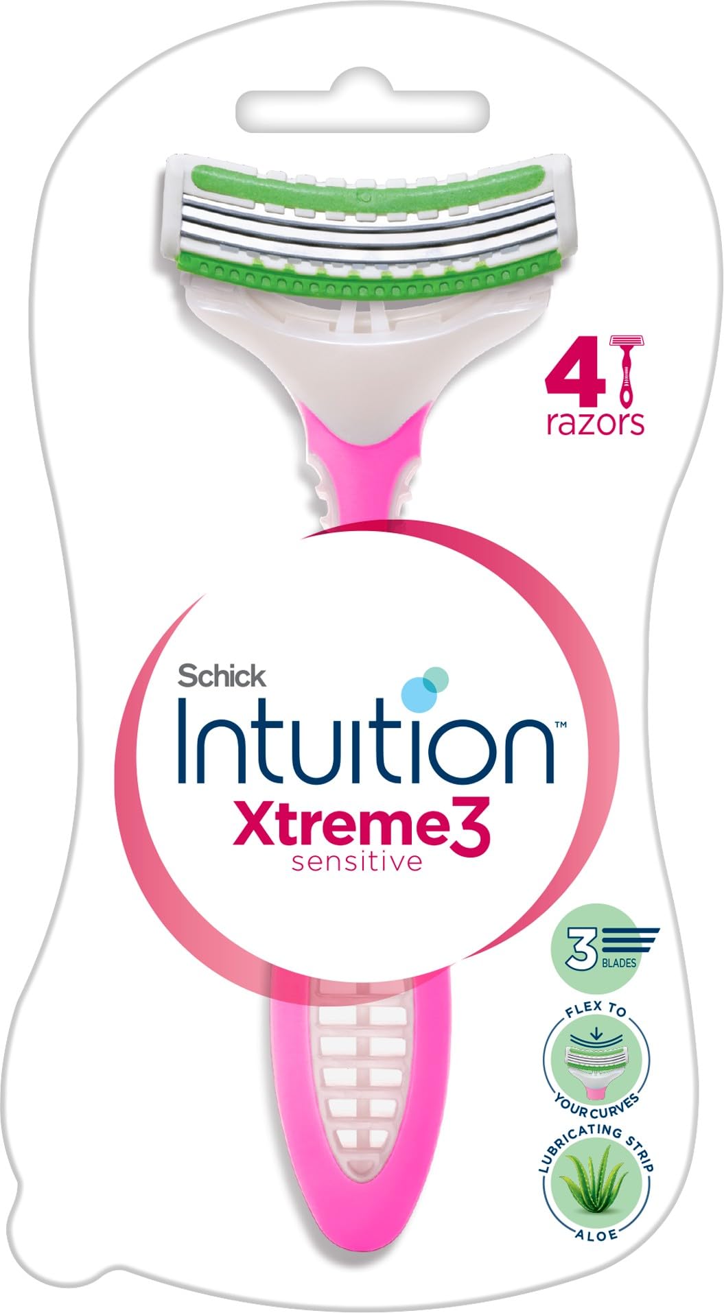 Intuition Xtreme3 Disposable Razor for Women, 4 Pack,Suitable for Sensitive Skin,3 Ultra thin blades, Flex to your Curves,Lubricating Strip with Organic Aloe + Vitamin E
