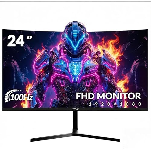 ZZA 24 Inch Curved Gaming Monitor, FHD 1080P 100Hz, 120% sRGB Color Gamut, Ultra-Thin Bezels, Eye Care Blue Light Filter for Home Office
