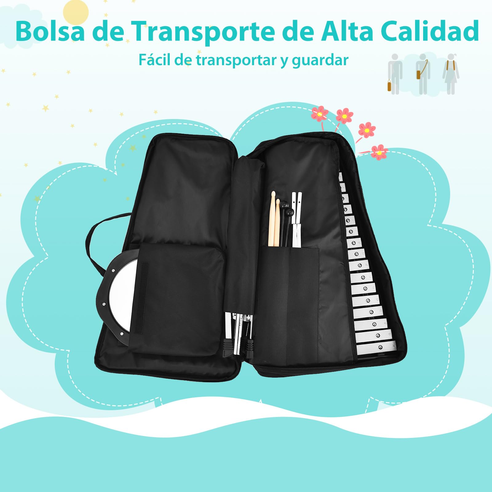 COSTWAY Xilófono de 32 Notas, Instrumento de Percusión Plegable con Soporte Ajustable, Atril, Panel de Práctica, Mazos de Campana, Baquetas de Madera, Juego de Xilófono con Bolsa de Transporte