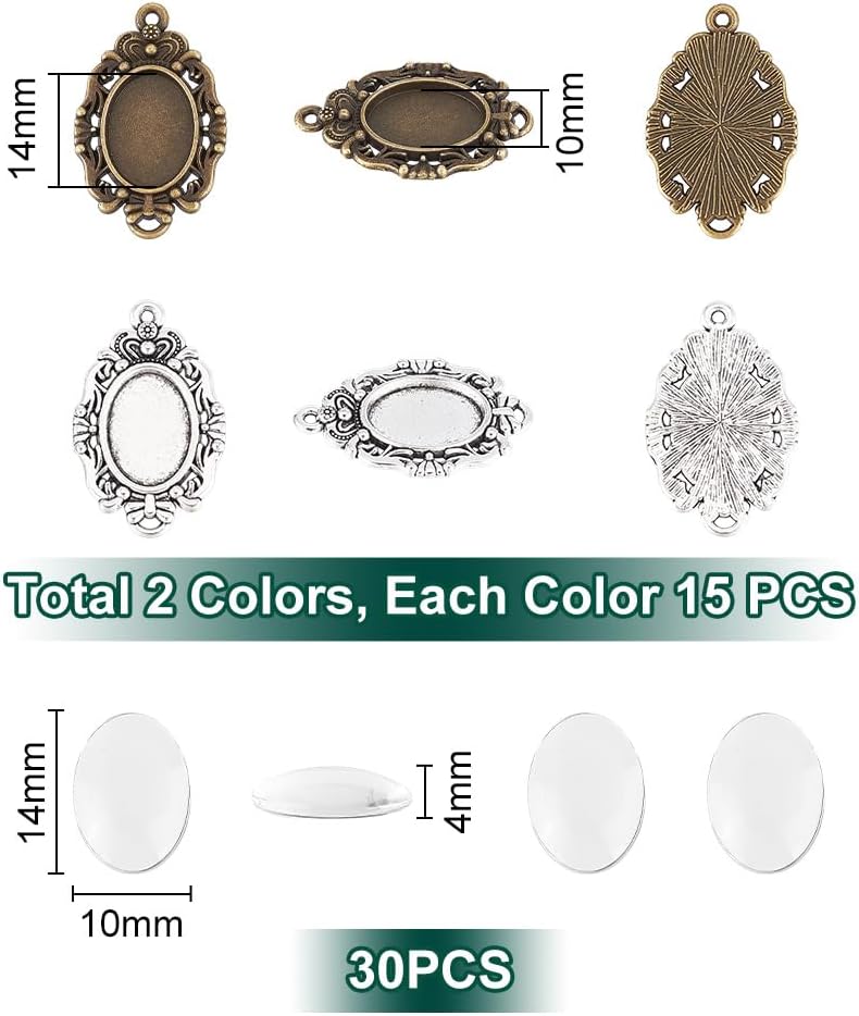 UNICRAFTALE about 60pcs 2 Colors Oval Fancy Tibetan Style Pendant Cabochon Setting Trays Pendant Blank Dome Bezel Charm with Glass Cabochons for DIY Photo Crafts Necklace Jewelry Making Tray 14x10mm - Image 3
