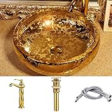 Gold Round Bathroom Ceramic Vessel Sink Bowl with Faucet and Drain Combo