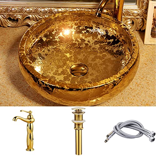 Gold Round Bathroom Ceramic Vessel Sink Bowl With Faucet And Drain Combo #TOP14