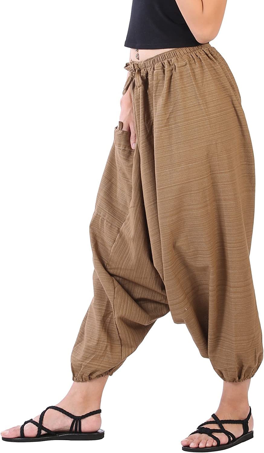 Whitewhale Mens Women Cotton Stripe Aladdin Loose Baggy Boho Hippie Harem Pants Beige 2