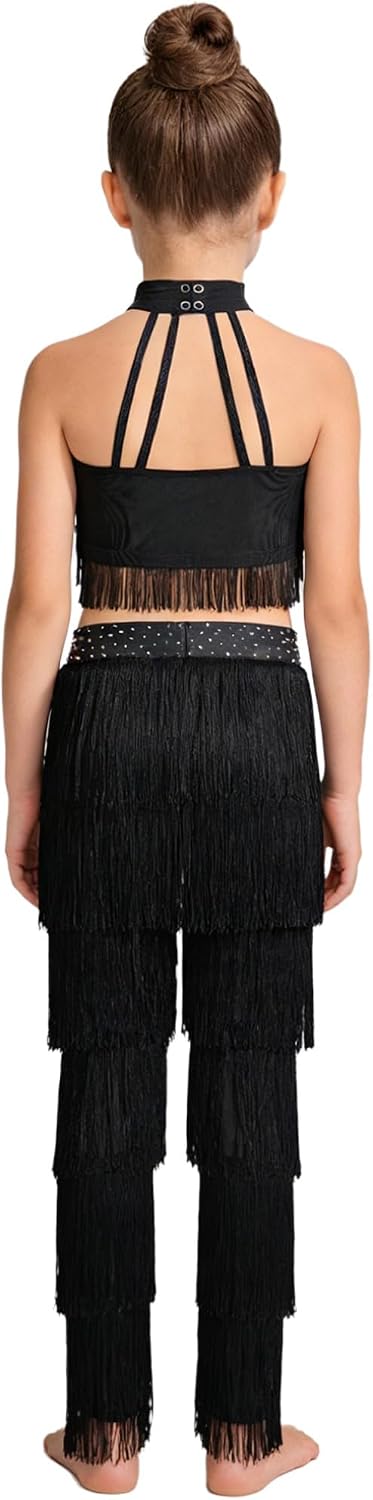 Latin Dance Pants Set For Girls Sleeveless Backless Crop Top With Fringed Pants Jazz Cha Black 6 Years